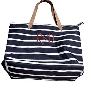 NWOT Striped Tote Bag Travel Beach Pool R&D Monogrammed Zip Pocket
